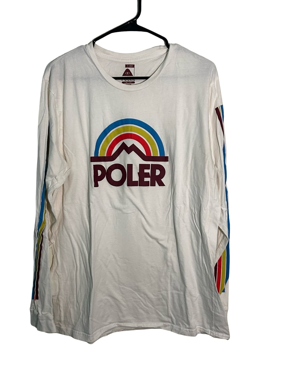 Poler White Long Sleeve Tee with Multicolor Rainbow Logo